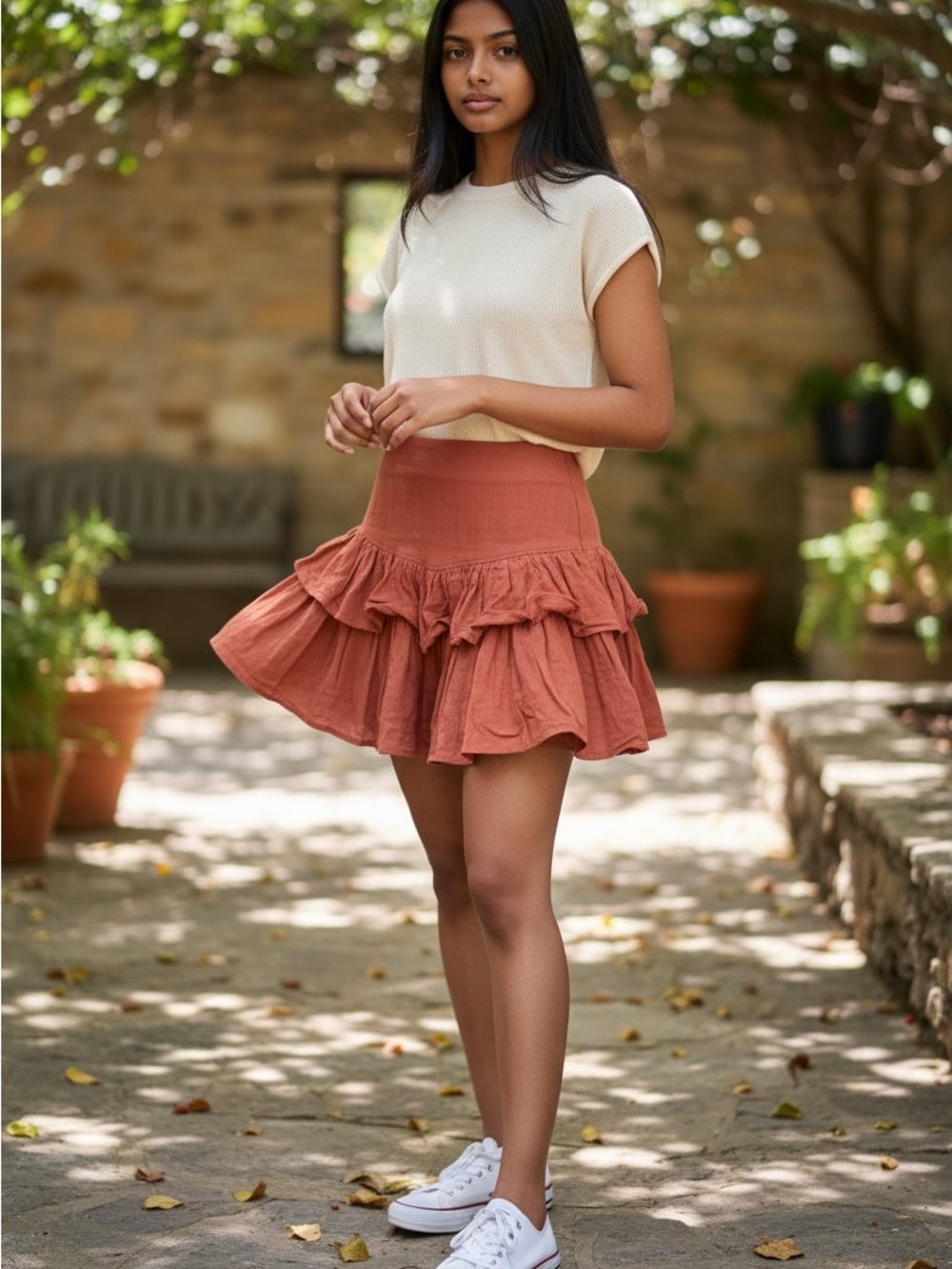 Promesa Rust Tiered Ruffle Mini Skirt